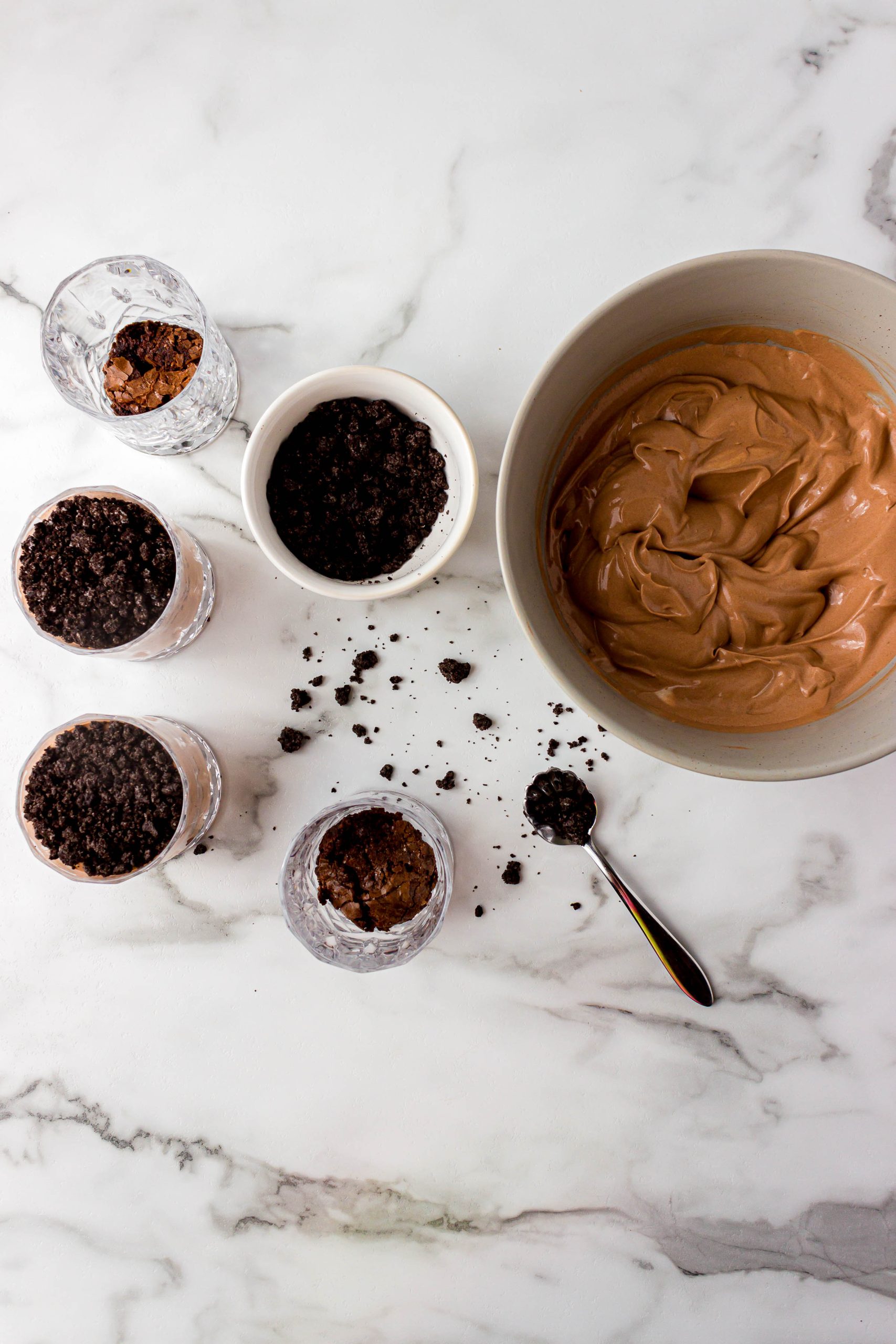 assembling the dirt pudding cups